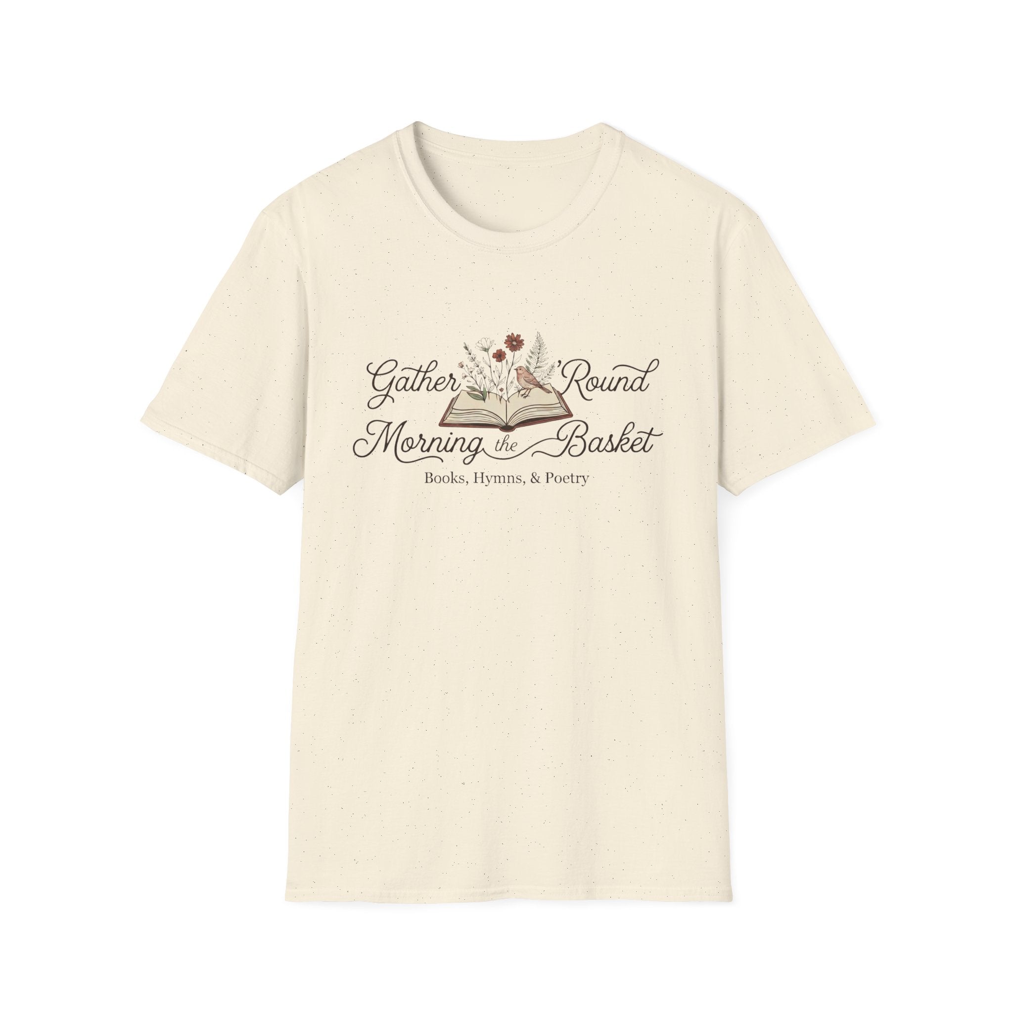 Gather Round The Morning Basket homeschool mom graphic t-shirt with a gathered-at-home inspired graphic with books, florals, and cozy family learning details