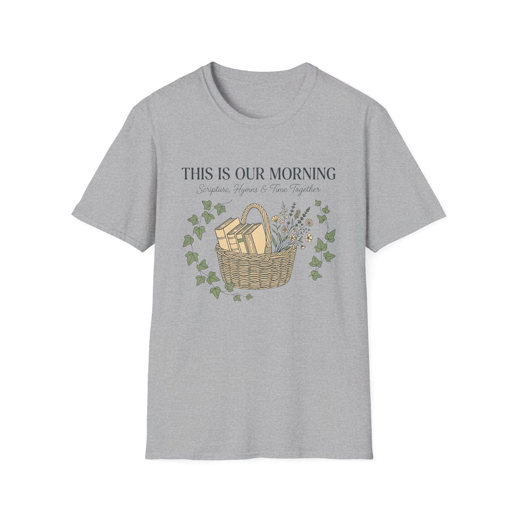 This Is Our Morning homeschool mom graphic t-shirt with a gathered-at-home inspired graphic with books, florals, and cozy family learning details