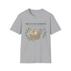 This Is Our Morning homeschool mom graphic t-shirt with a gathered-at-home inspired graphic with books, florals, and cozy family learning details