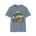 'Read Aloud & Wild Adventures homeschool mom graphic t-shirt with an adventurous homeschool graphic with nature, books, and outdoor learning energy