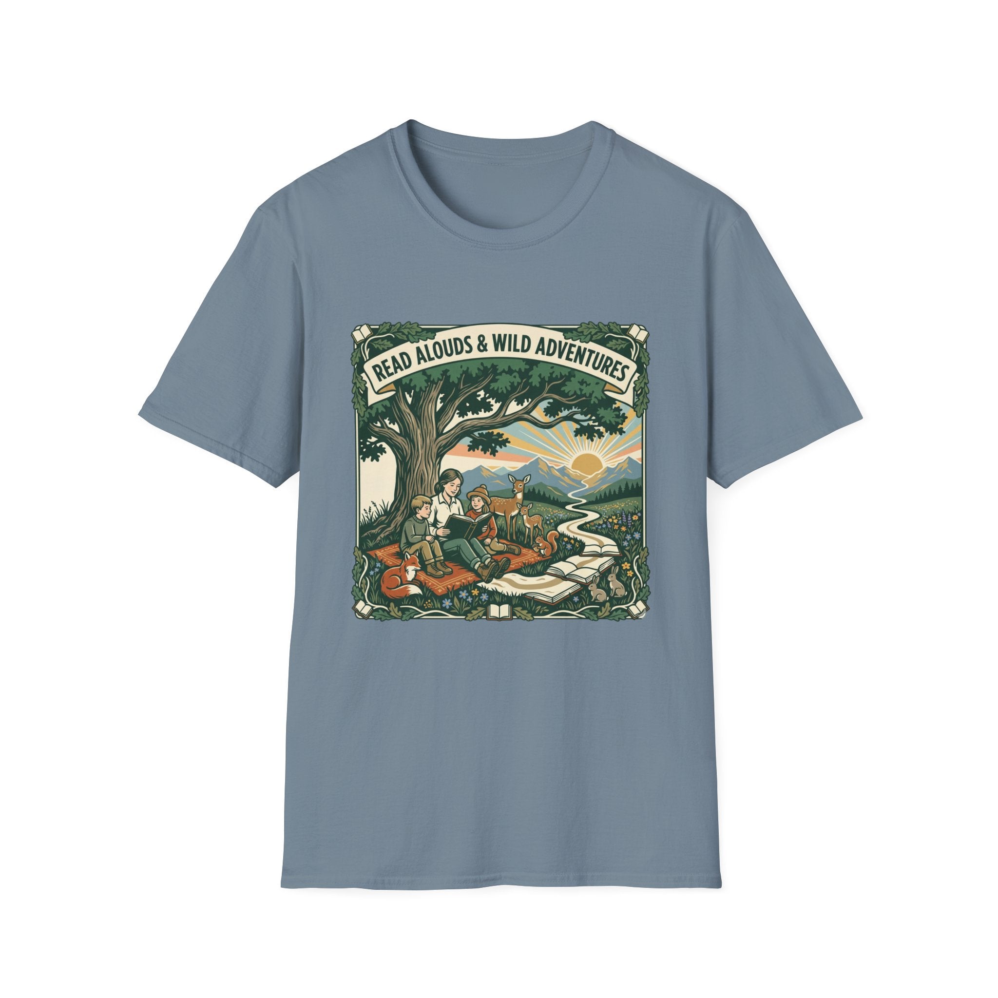 'Read Aloud & Wild Adventures homeschool mom graphic t-shirt with an adventurous homeschool graphic with nature, books, and outdoor learning energy