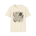 The Education Of Attention homeschool mom graphic t-shirt with a Charlotte Mason-inspired design with books, nature details, and vintage homeschool charm