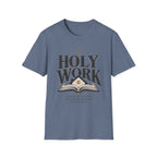 Holy Work Lesson By Lesson homeschool mom graphic t-shirt with a faith-filled homeschool design with gentle lettering and classic illustrative details