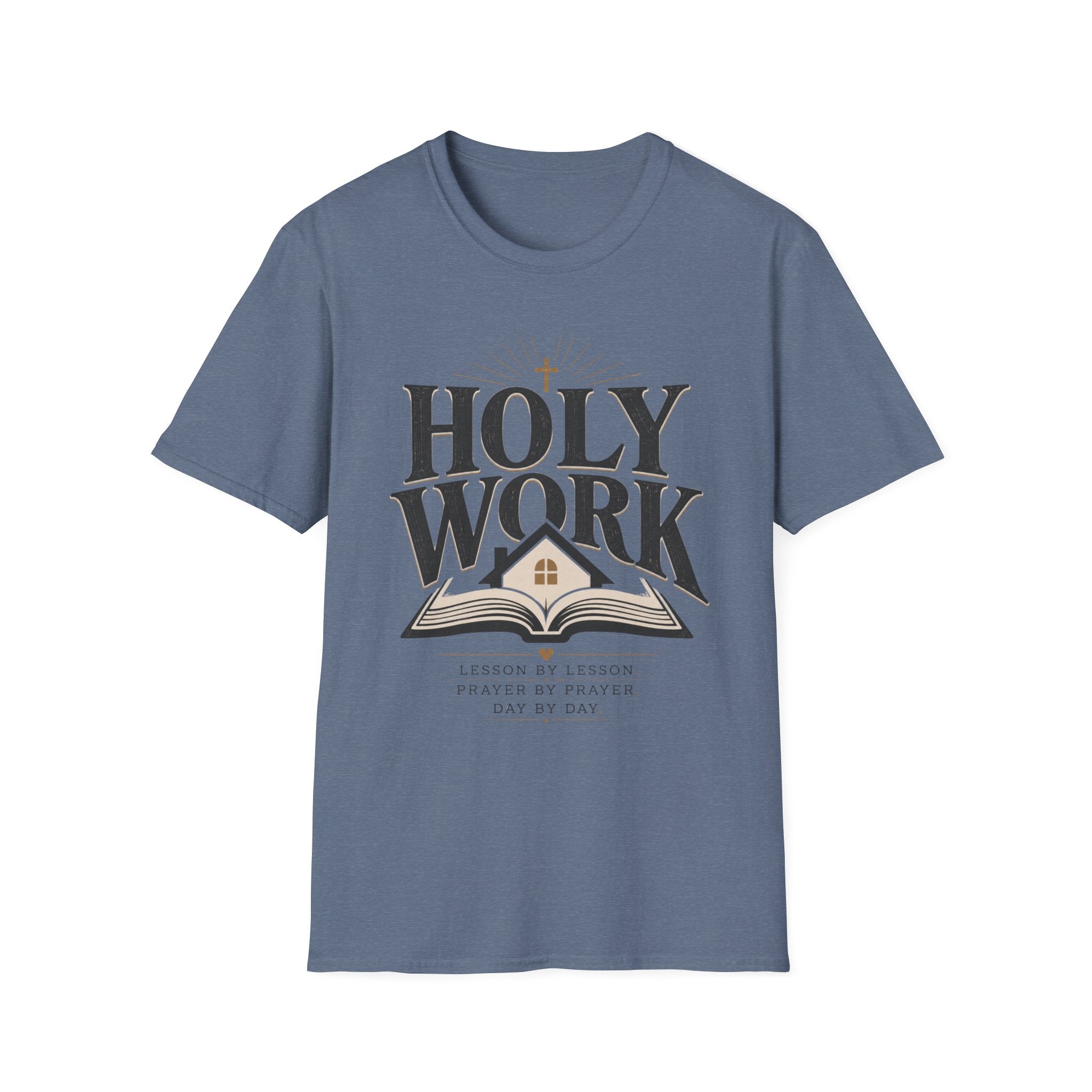 Holy Work Lesson By Lesson homeschool mom graphic t-shirt with a faith-filled homeschool design with gentle lettering and classic illustrative details