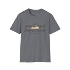 Gather Round The Morning Basket homeschool mom graphic t-shirt with a gathered-at-home inspired graphic with books, florals, and cozy family learning details