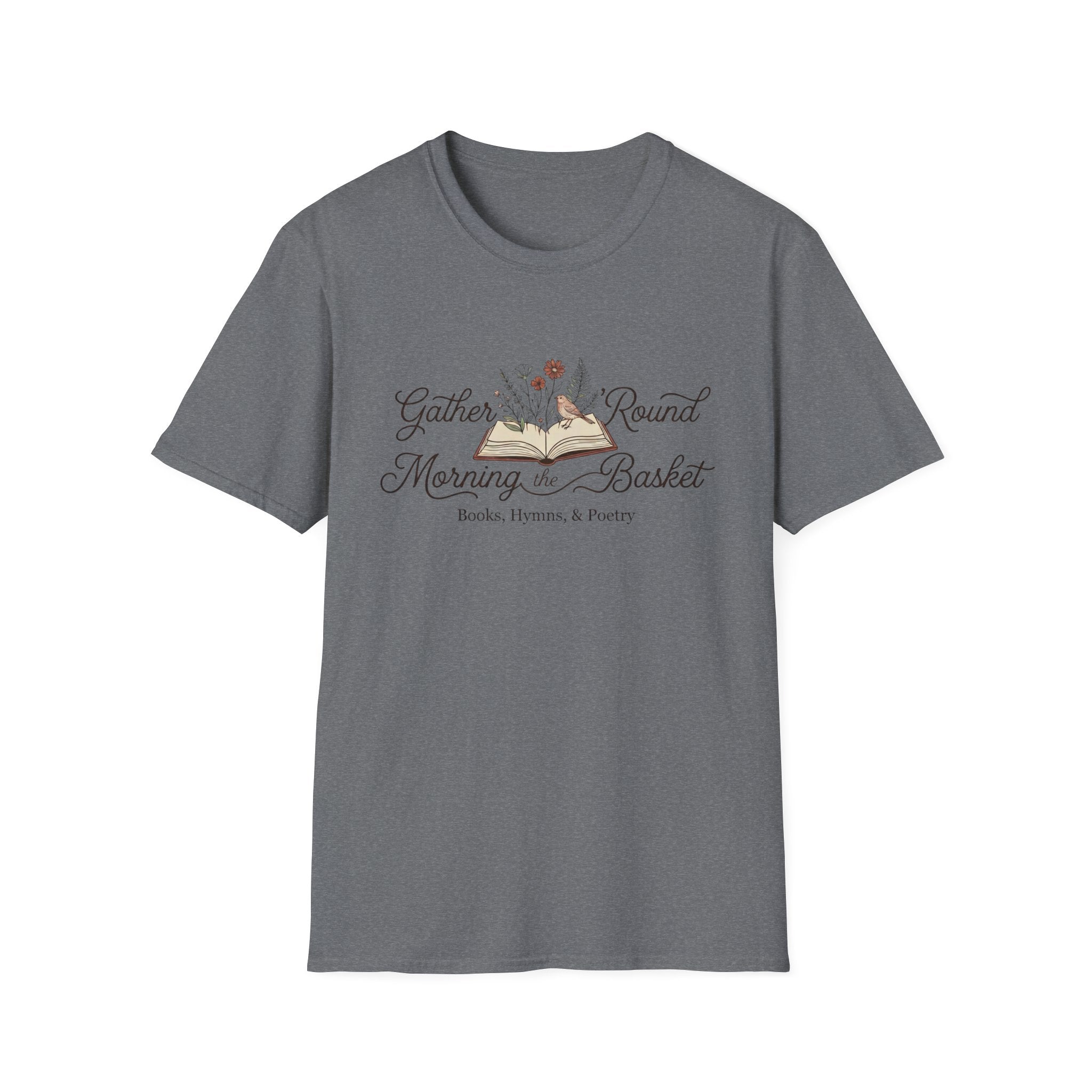 Gather Round The Morning Basket homeschool mom graphic t-shirt with a gathered-at-home inspired graphic with books, florals, and cozy family learning details