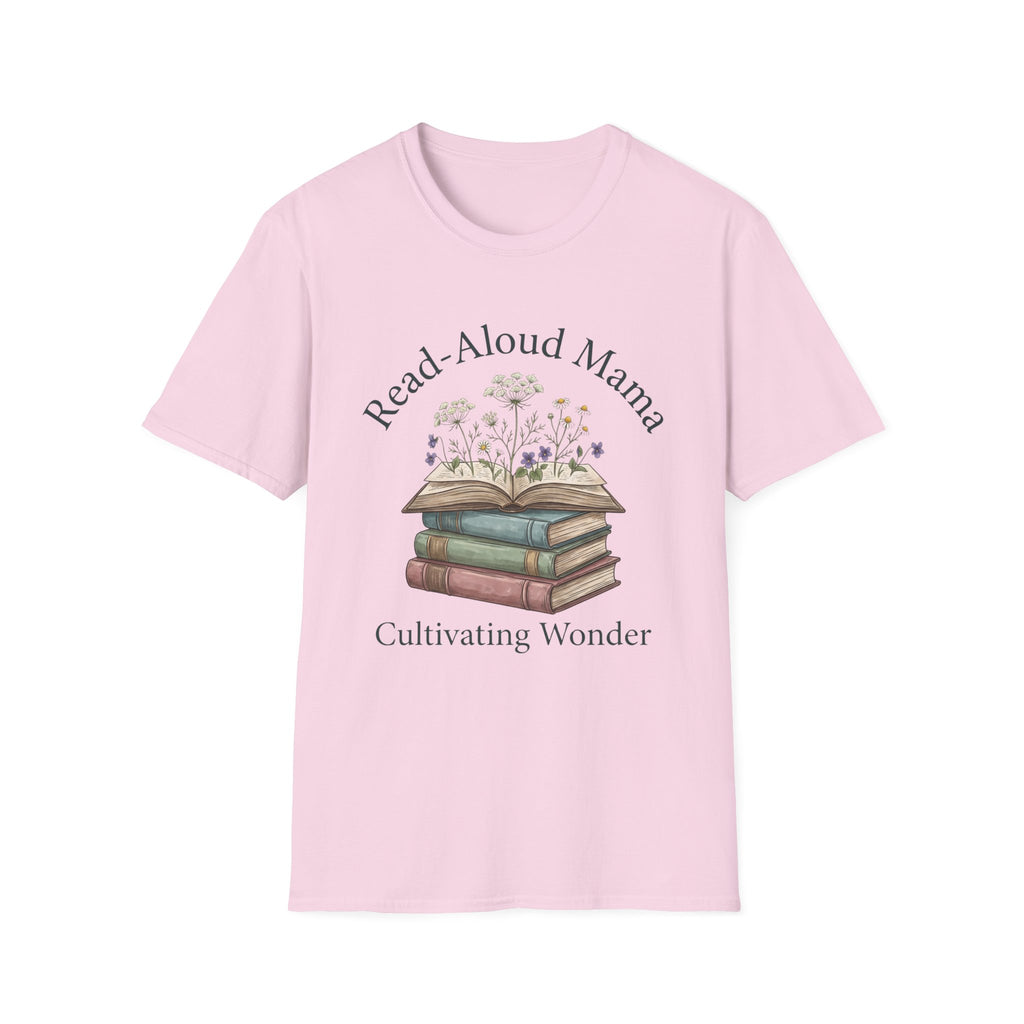 Read Aloud Mama homeschool mom graphic t-shirt with a sweet read-aloud design with stacked books, florals, and gentle homeschool charm