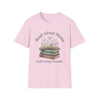 Read Aloud Mama homeschool mom graphic t-shirt with a sweet read-aloud design with stacked books, florals, and gentle homeschool charm