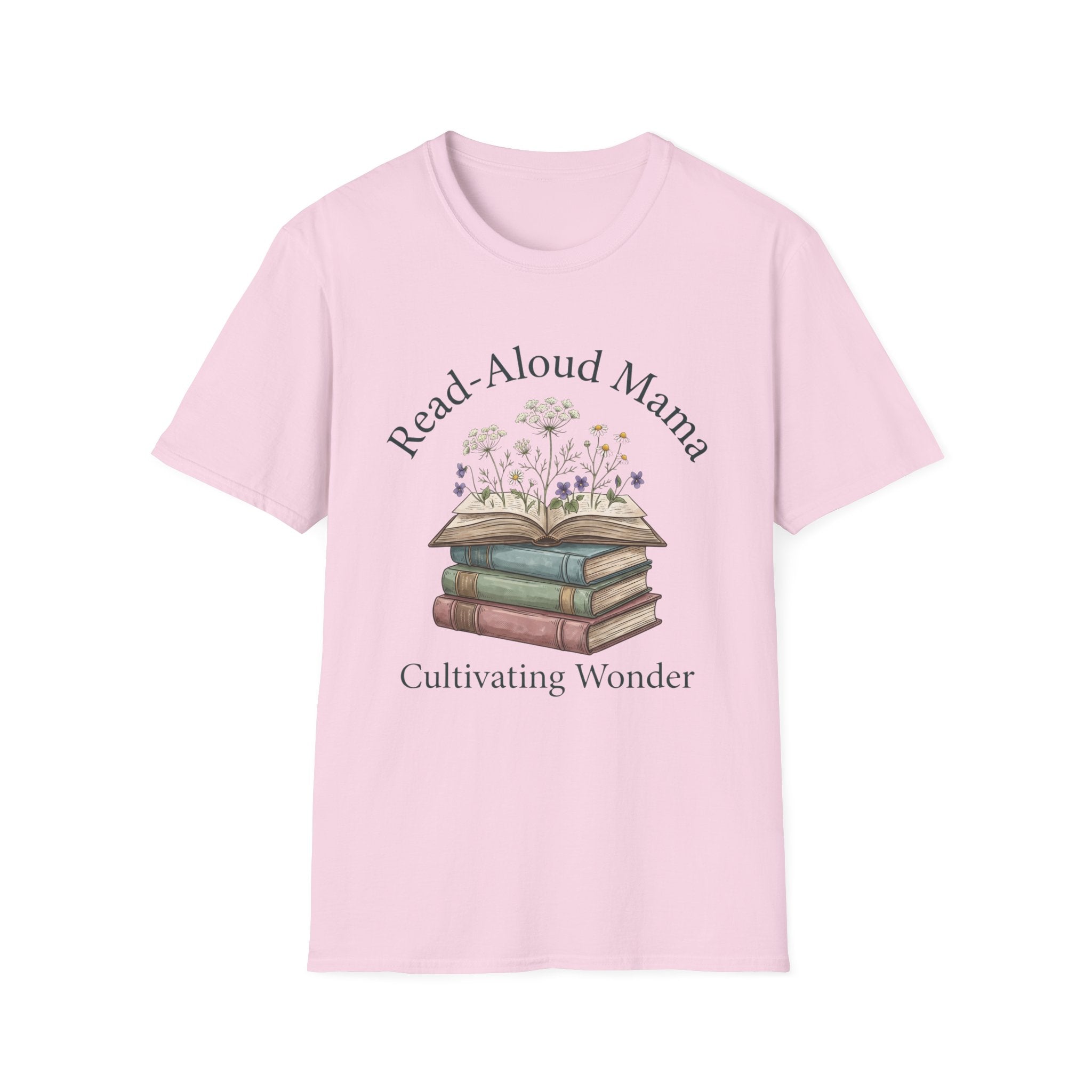 Read Aloud Mama homeschool mom graphic t-shirt with a sweet read-aloud design with stacked books, florals, and gentle homeschool charm