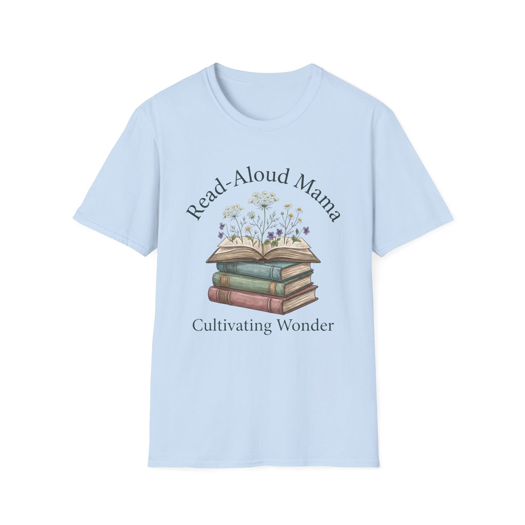 Read Aloud Mama homeschool mom graphic t-shirt with a sweet read-aloud design with stacked books, florals, and gentle homeschool charm