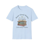 Read Aloud Mama homeschool mom graphic t-shirt with a sweet read-aloud design with stacked books, florals, and gentle homeschool charm