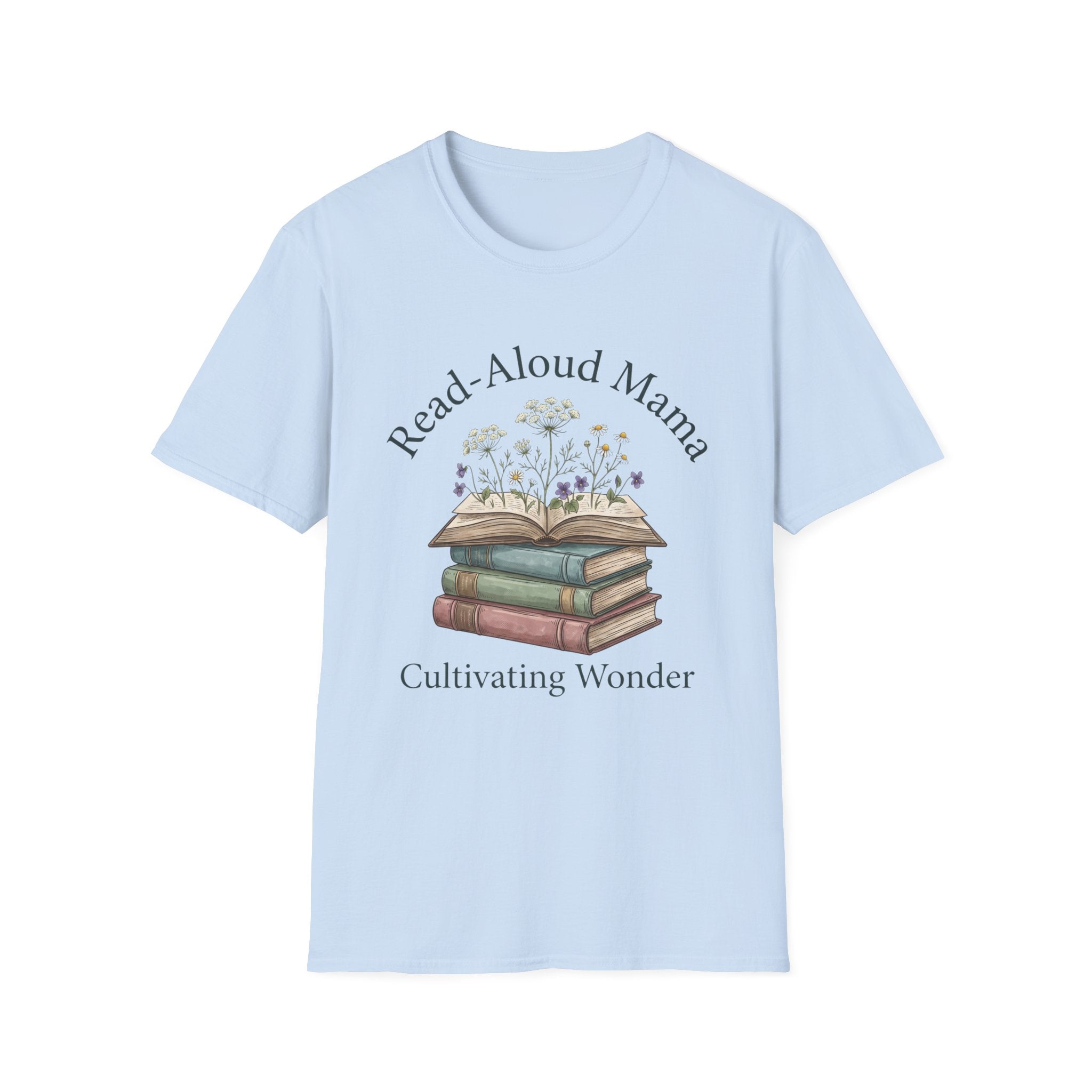 Read Aloud Mama homeschool mom graphic t-shirt with a sweet read-aloud design with stacked books, florals, and gentle homeschool charm