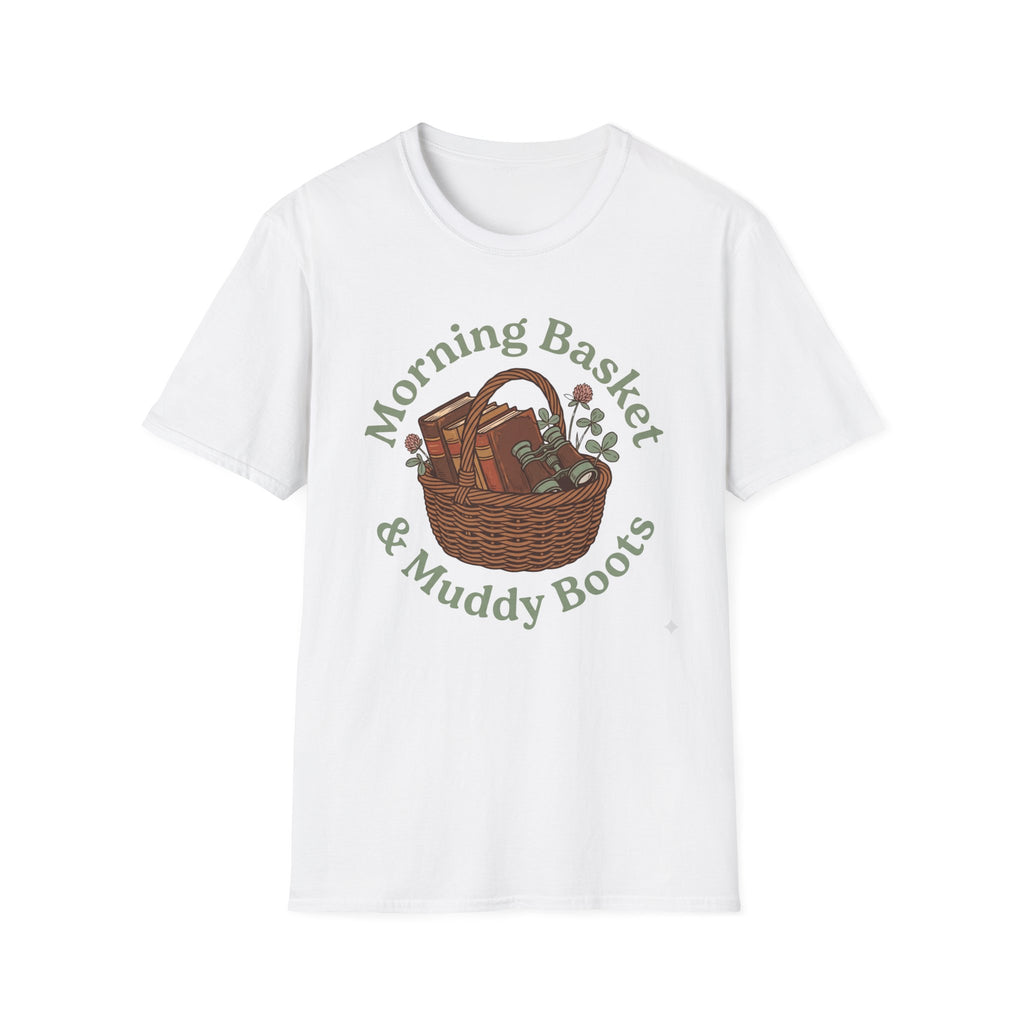 Morning Basket, Muddy Boots homeschool mom graphic t-shirt with a cozy morning basket-inspired design with books, gentle details, and home learning charm