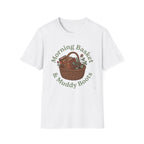 Morning Basket, Muddy Boots homeschool mom graphic t-shirt with a cozy morning basket-inspired design with books, gentle details, and home learning charm