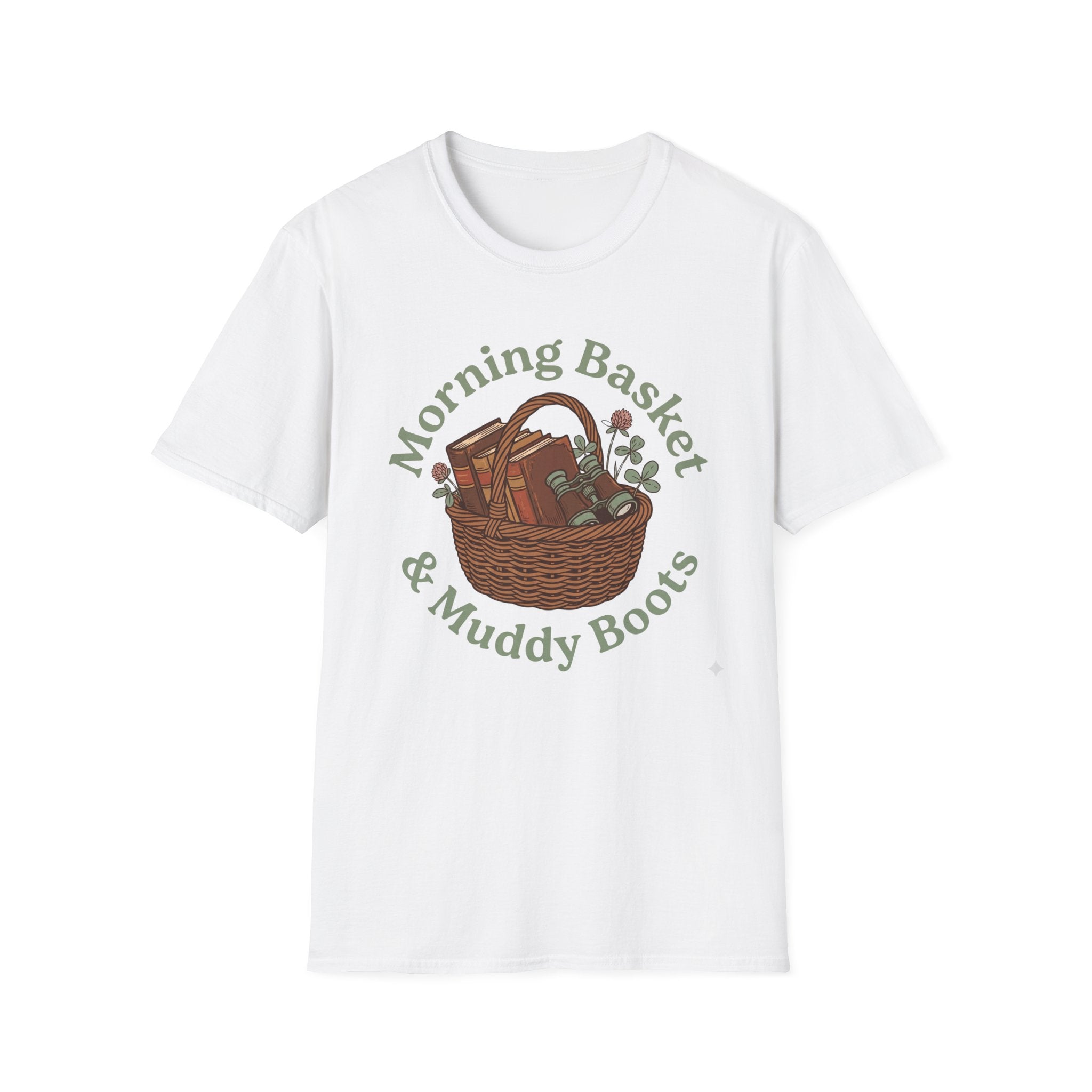 Morning Basket, Muddy Boots homeschool mom graphic t-shirt with a cozy morning basket-inspired design with books, gentle details, and home learning charm