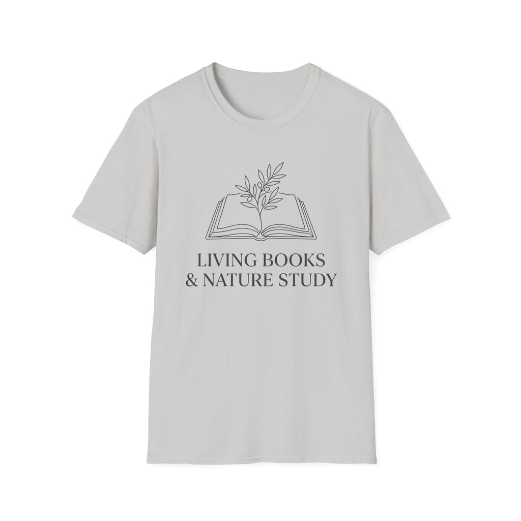 Living Books with Flowers homeschool mom graphic t-shirt with a Charlotte Mason-inspired design with books, nature details, and vintage homeschool charm