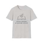 Living Books with Flowers homeschool mom graphic t-shirt with a Charlotte Mason-inspired design with books, nature details, and vintage homeschool charm