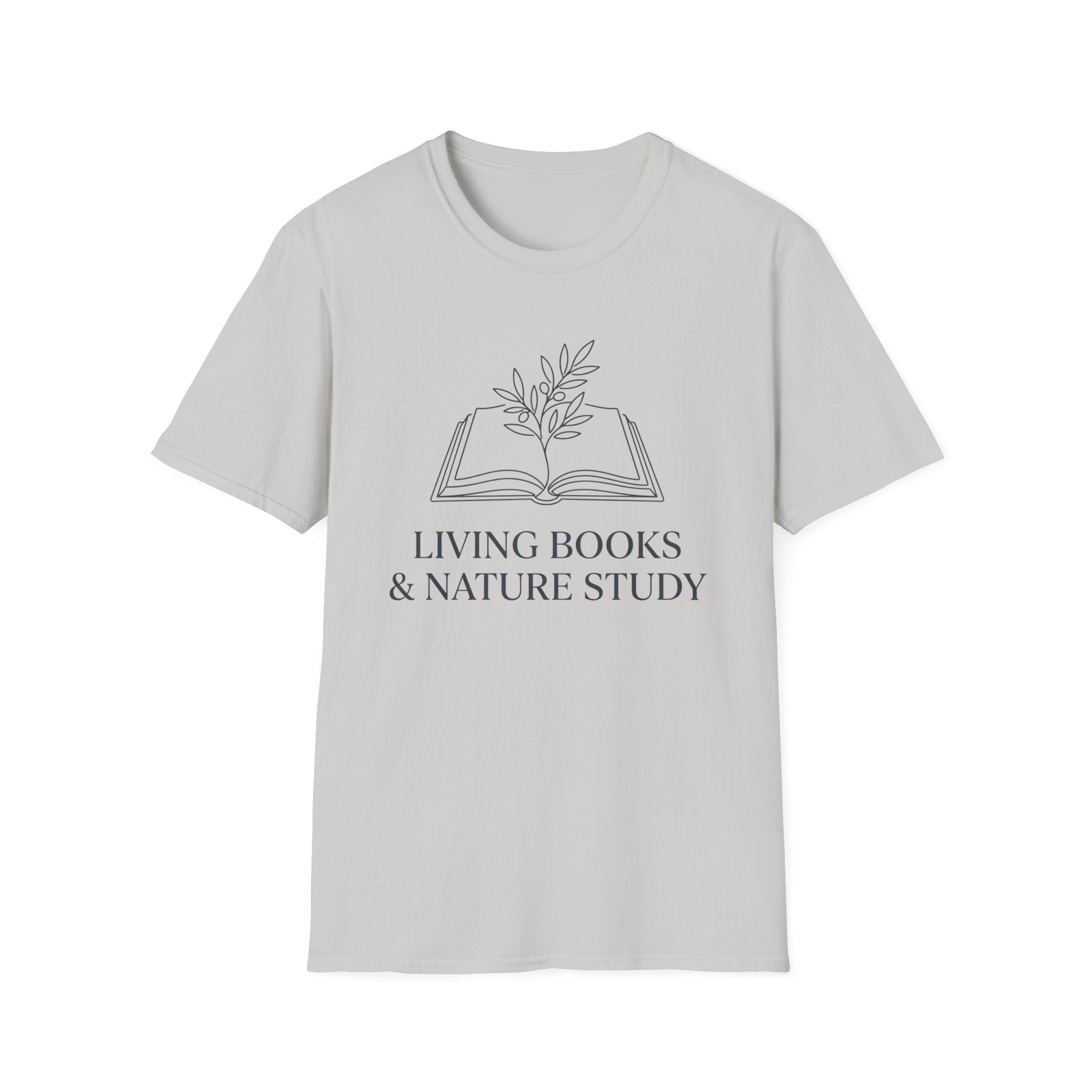 Living Books with Flowers homeschool mom graphic t-shirt with a Charlotte Mason-inspired design with books, nature details, and vintage homeschool charm