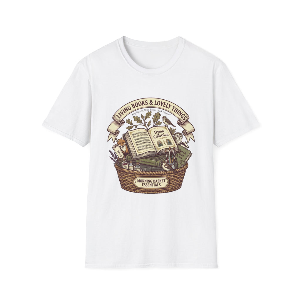 Living Books & Lovely Things homeschool mom graphic t-shirt with a Charlotte Mason-inspired design with books, nature details, and vintage homeschool charm