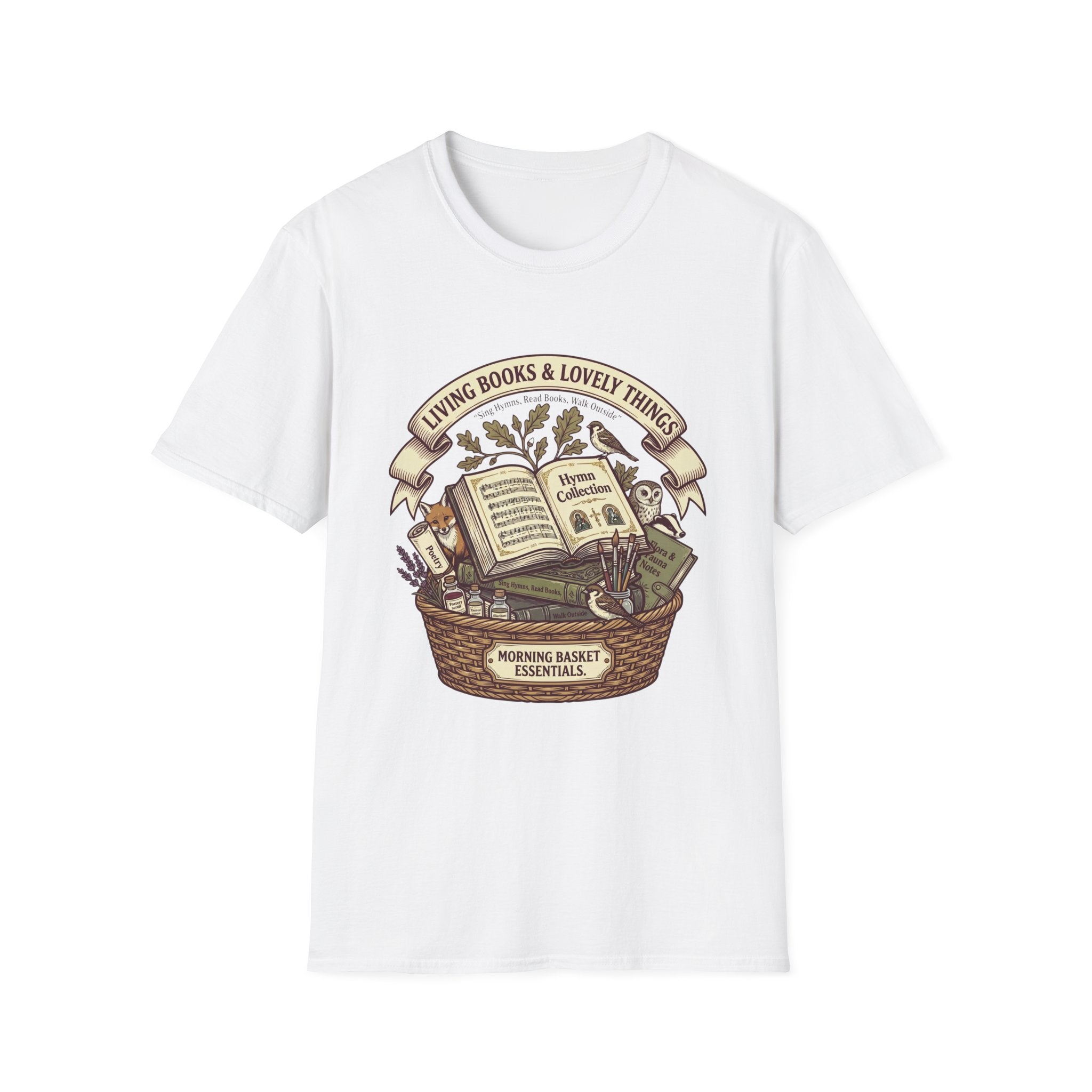 Living Books & Lovely Things homeschool mom graphic t-shirt with a Charlotte Mason-inspired design with books, nature details, and vintage homeschool charm