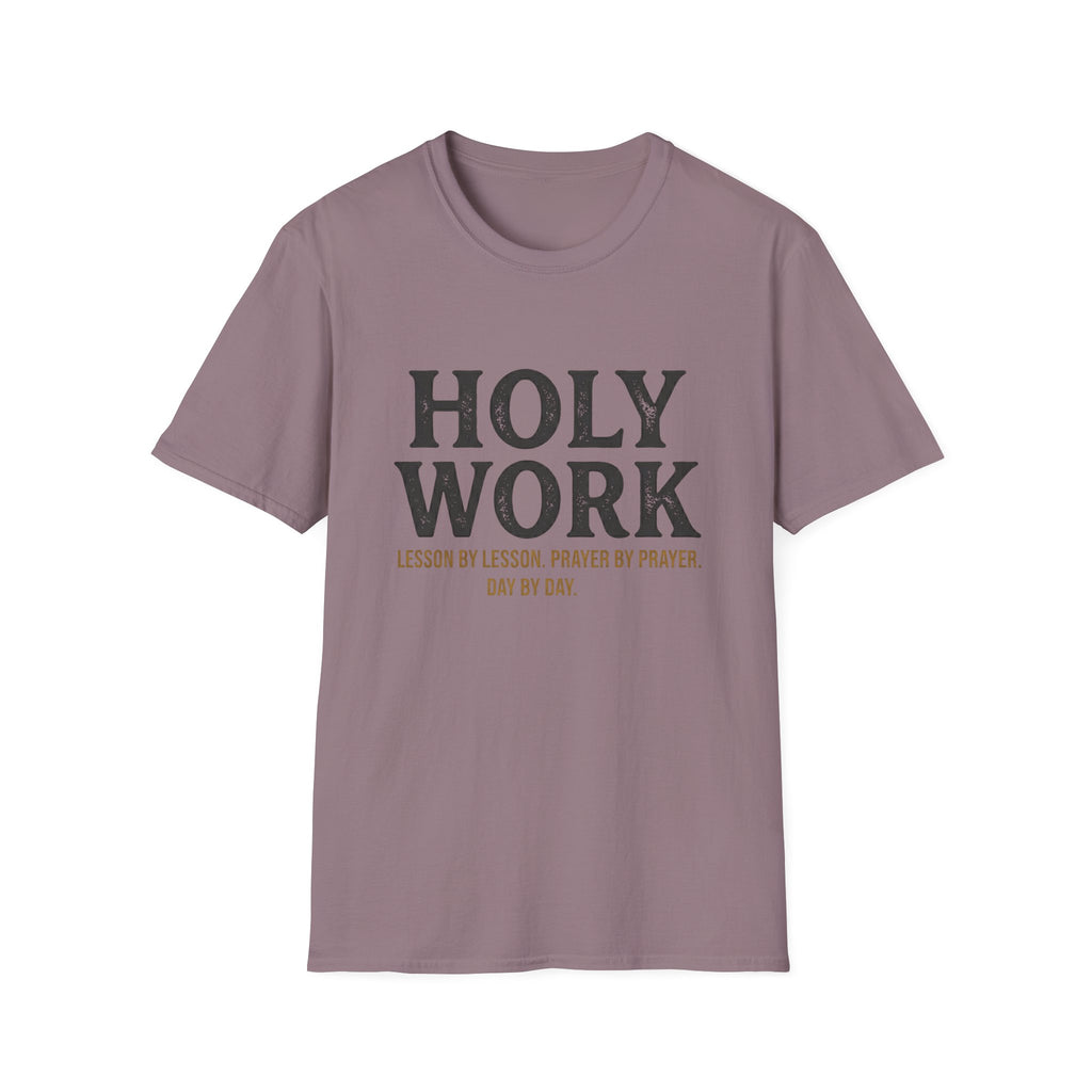 Holy Work homeschool mom graphic t-shirt with a faith-filled homeschool design with gentle lettering and classic illustrative details
