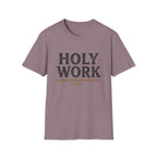Holy Work homeschool mom graphic t-shirt with a faith-filled homeschool design with gentle lettering and classic illustrative details