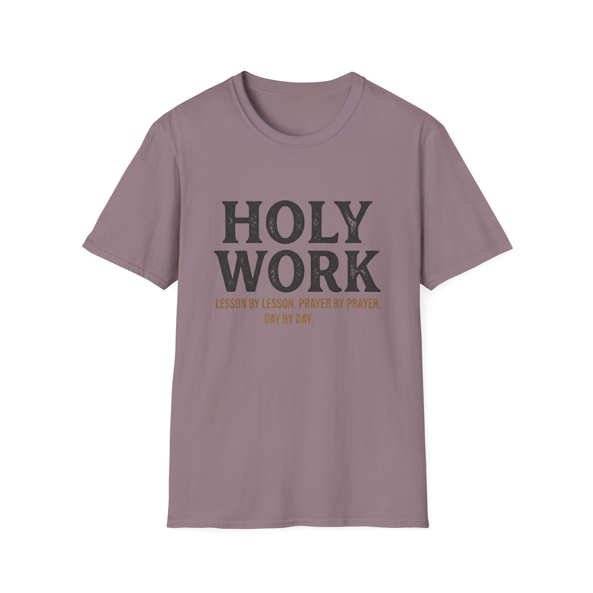 Holy Work homeschool mom graphic t-shirt with a faith-filled homeschool design with gentle lettering and classic illustrative details