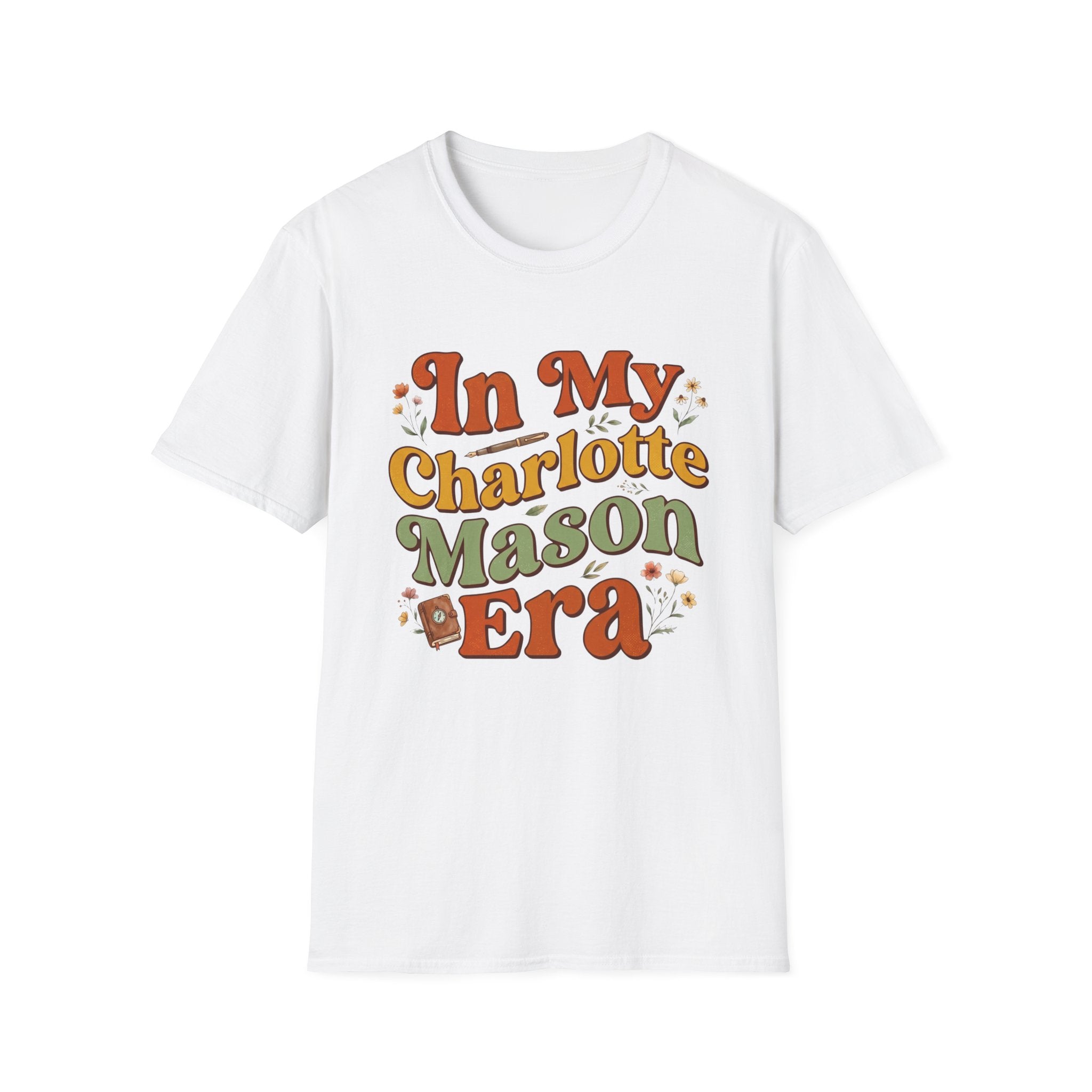 In My Charlotte Mason Era homeschool mom graphic t-shirt with a Charlotte Mason-inspired design with books, nature details, and vintage homeschool charm