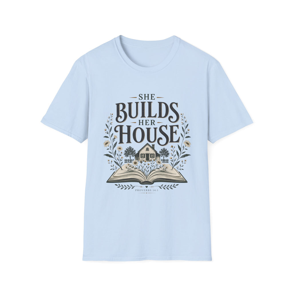 She Builds Her House homeschool mom graphic t-shirt with a faith-filled homeschool design with gentle lettering and classic illustrative details