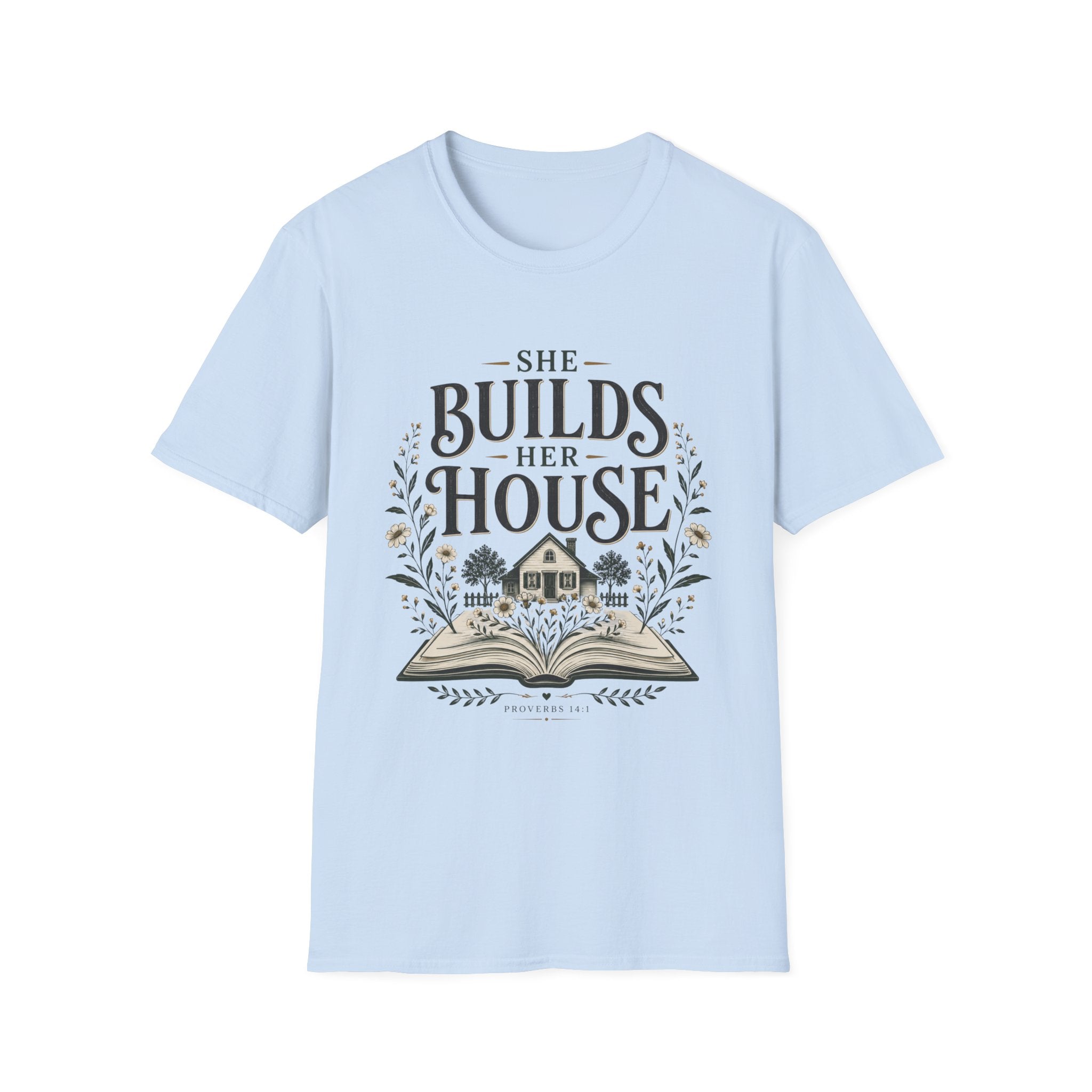 She Builds Her House homeschool mom graphic t-shirt with a faith-filled homeschool design with gentle lettering and classic illustrative details