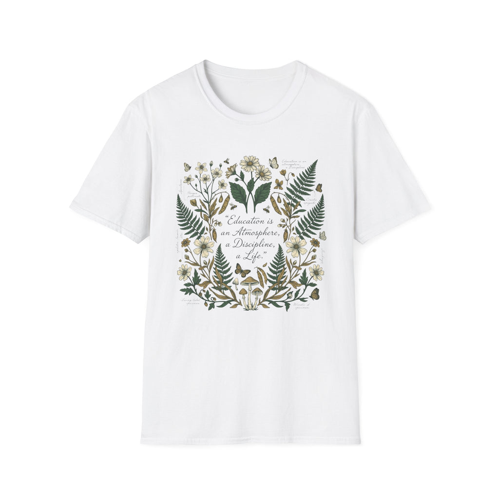 Education Is homeschool mom graphic t-shirt with a Charlotte Mason-inspired design with books, nature details, and vintage homeschool charm