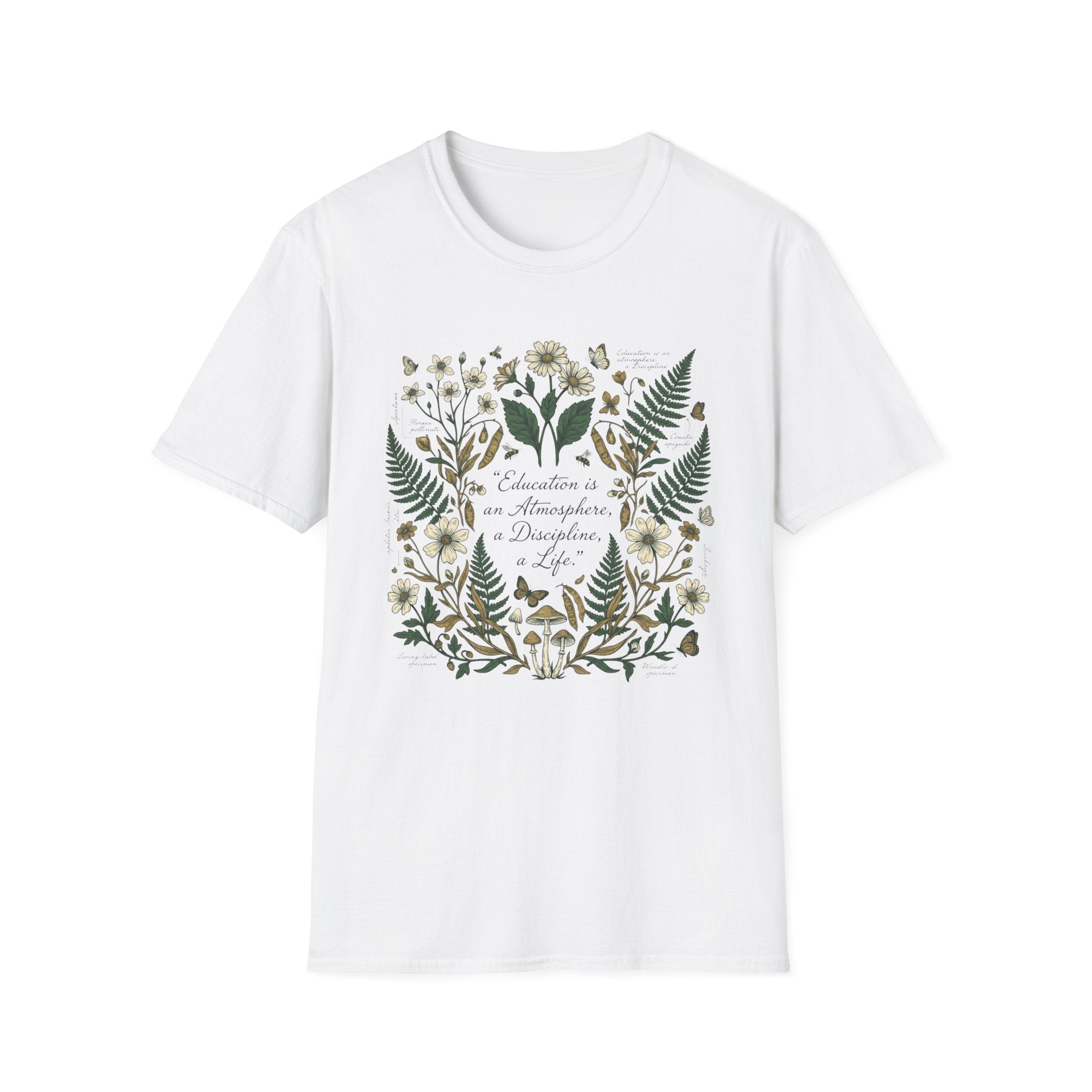 Education Is homeschool mom graphic t-shirt with a Charlotte Mason-inspired design with books, nature details, and vintage homeschool charm