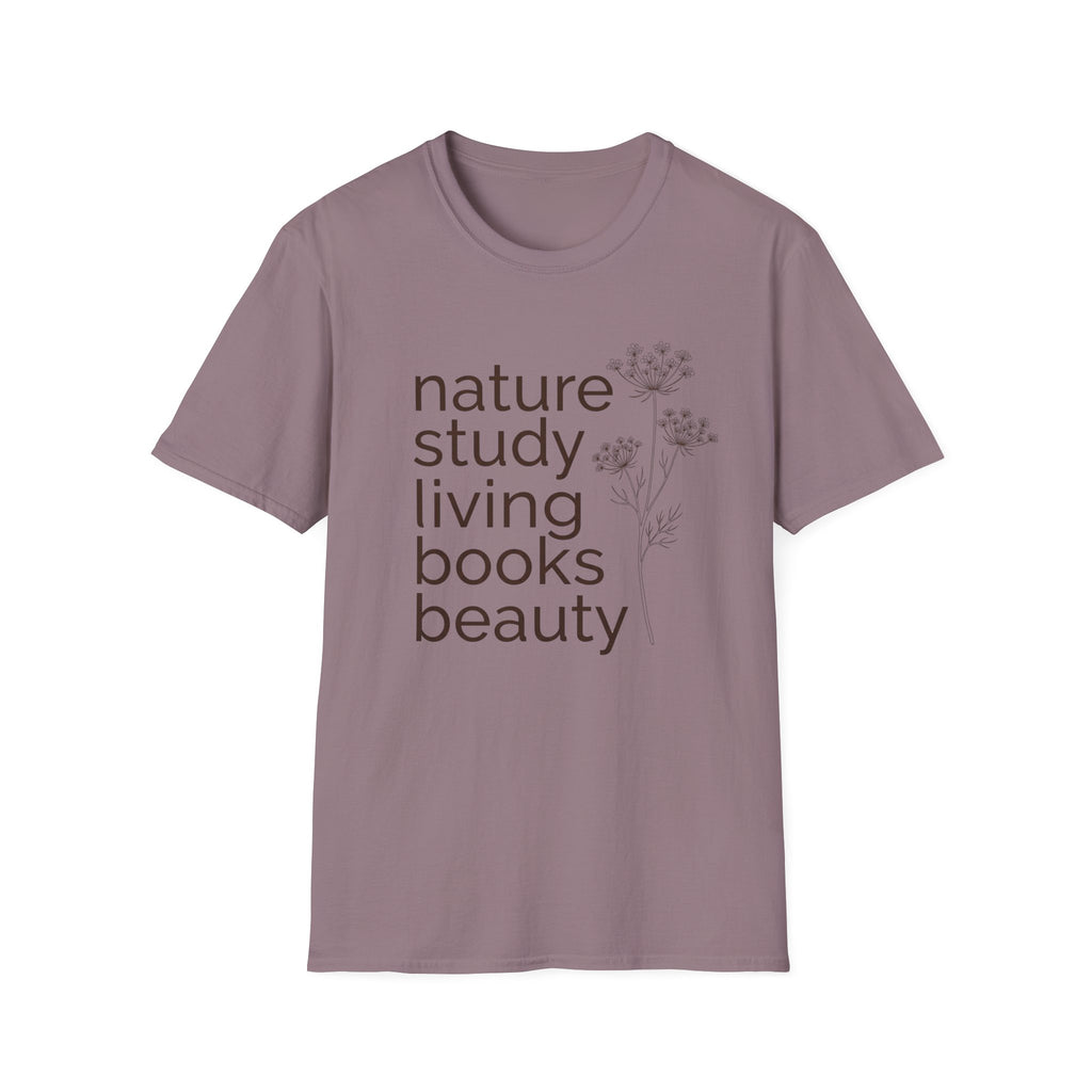 Nature Study, Living Books, Beauty homeschool mom graphic t-shirt with a faith-filled homeschool design with gentle lettering and classic illustrative details
