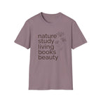 Nature Study, Living Books, Beauty homeschool mom graphic t-shirt with a faith-filled homeschool design with gentle lettering and classic illustrative details