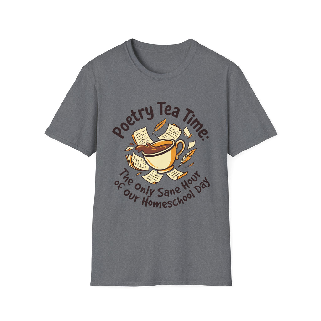 Poetry Tea Time homeschool mom graphic t-shirt with a cozy poetry teatime graphic with tea, books, and vintage homeschool charm