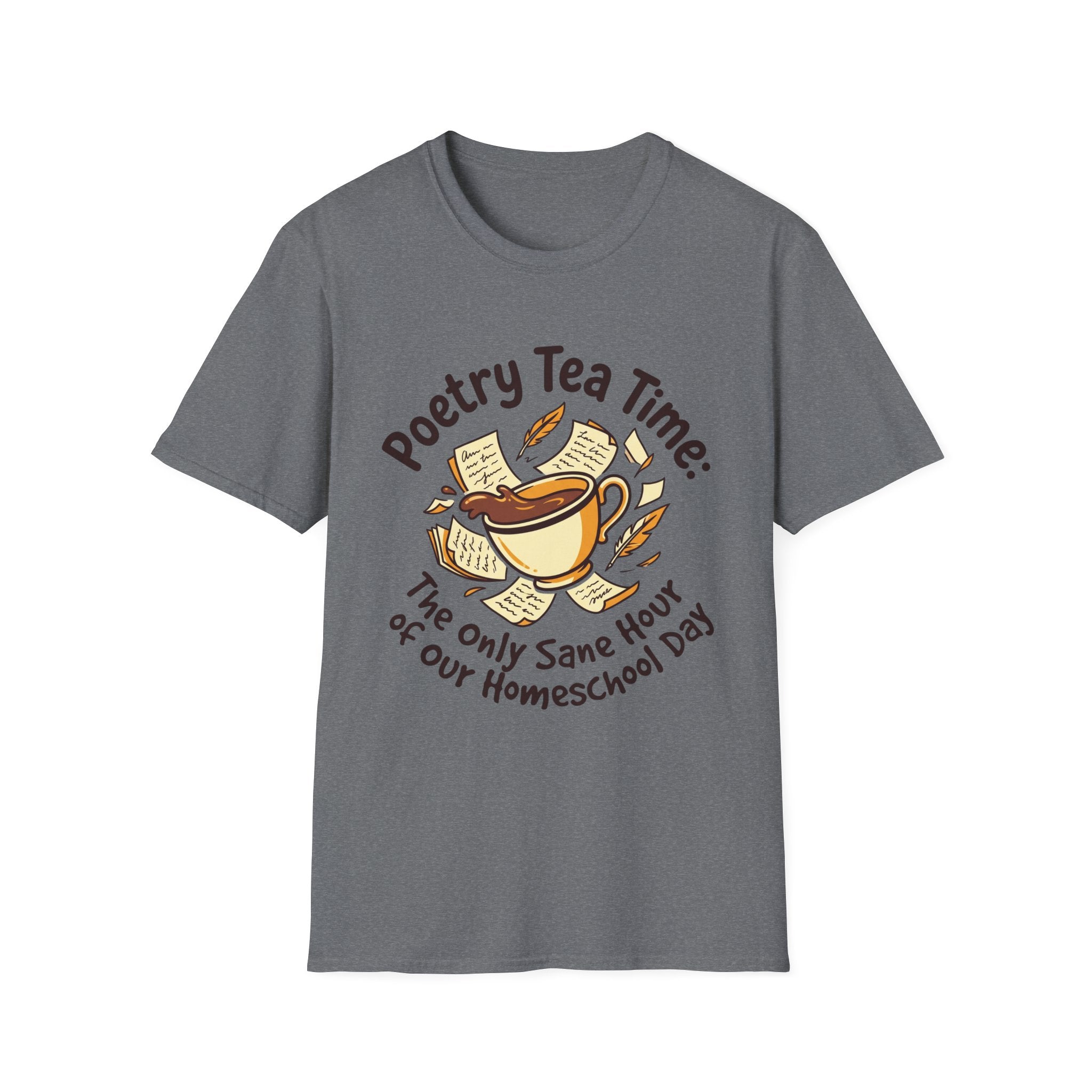 Poetry Tea Time homeschool mom graphic t-shirt with a cozy poetry teatime graphic with tea, books, and vintage homeschool charm