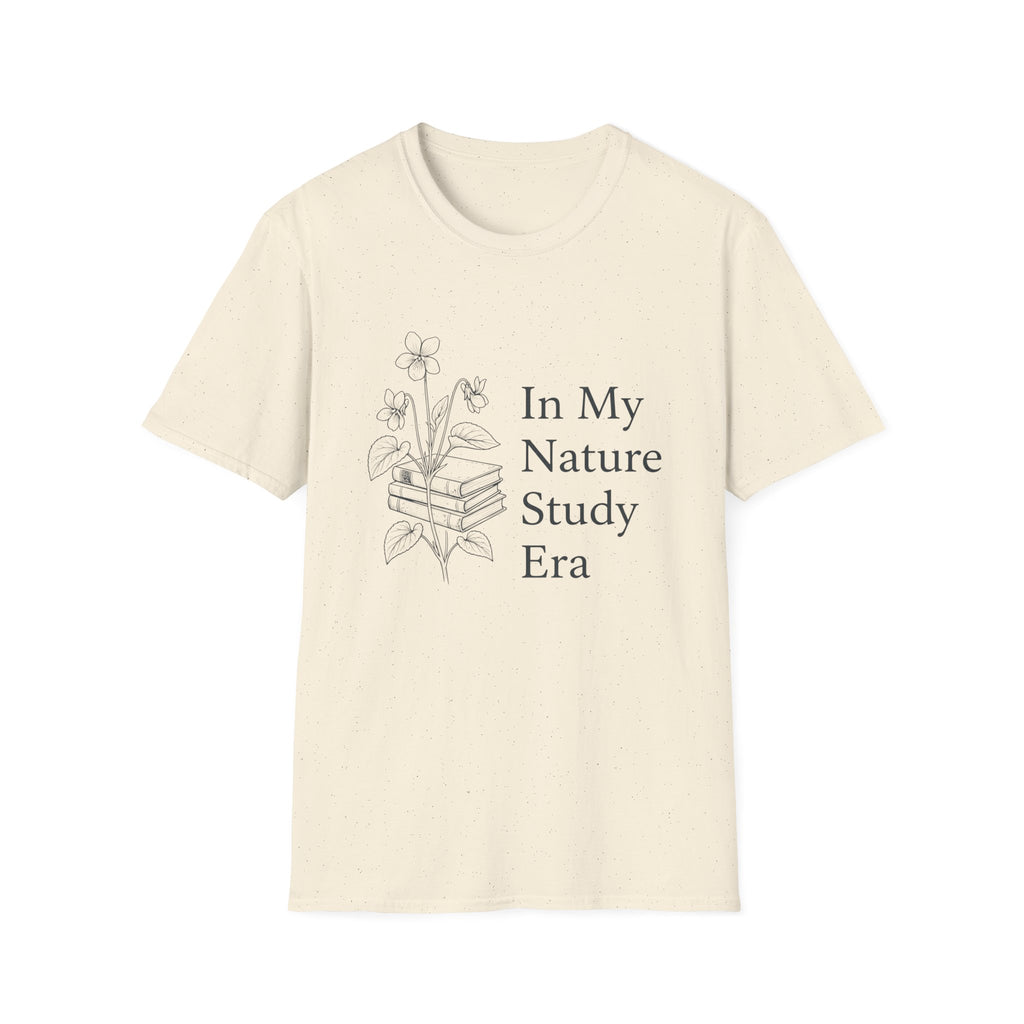 Nature Study Era homeschool mom graphic t-shirt with a Charlotte Mason-inspired design with books, nature details, and vintage homeschool charm