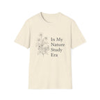 Nature Study Era homeschool mom graphic t-shirt with a Charlotte Mason-inspired design with books, nature details, and vintage homeschool charm