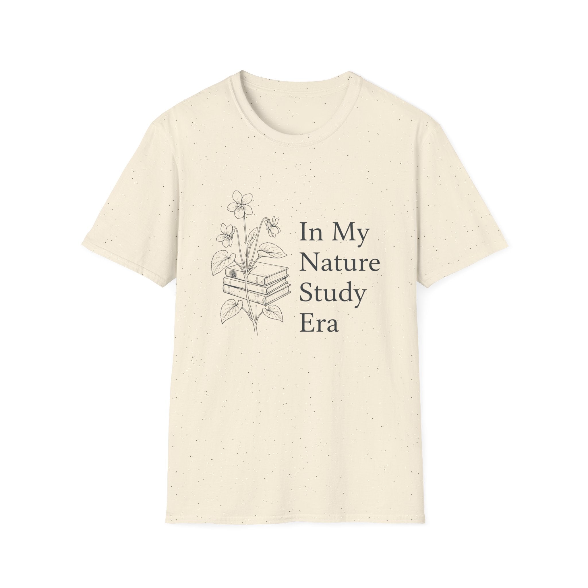 Nature Study Era homeschool mom graphic t-shirt with a Charlotte Mason-inspired design with books, nature details, and vintage homeschool charm