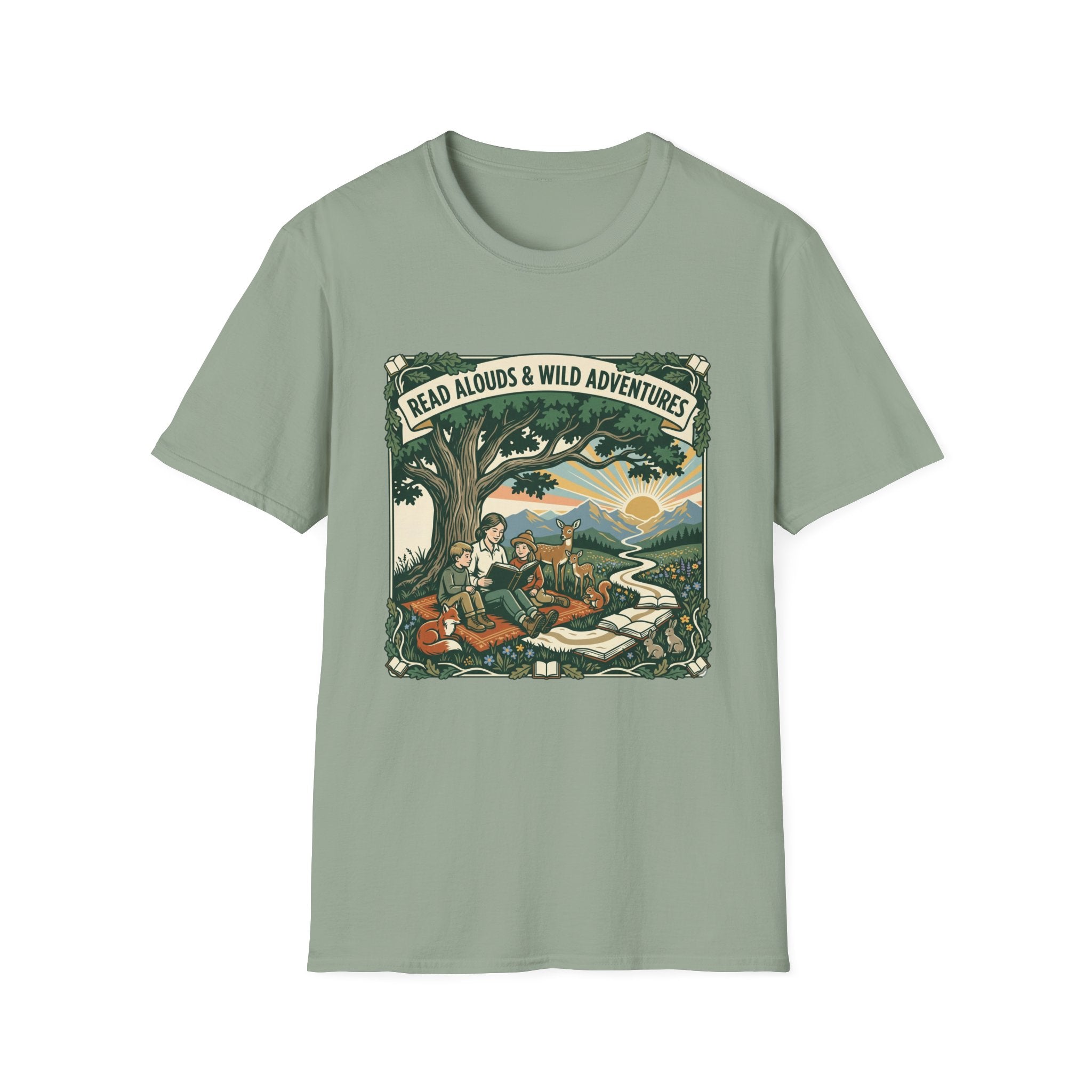 'Read Aloud & Wild Adventures homeschool mom graphic t-shirt with an adventurous homeschool graphic with nature, books, and outdoor learning energy