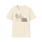 Gathered And Growing homeschool mom graphic t-shirt with a gathered-at-home inspired graphic with books, florals, and cozy family learning details