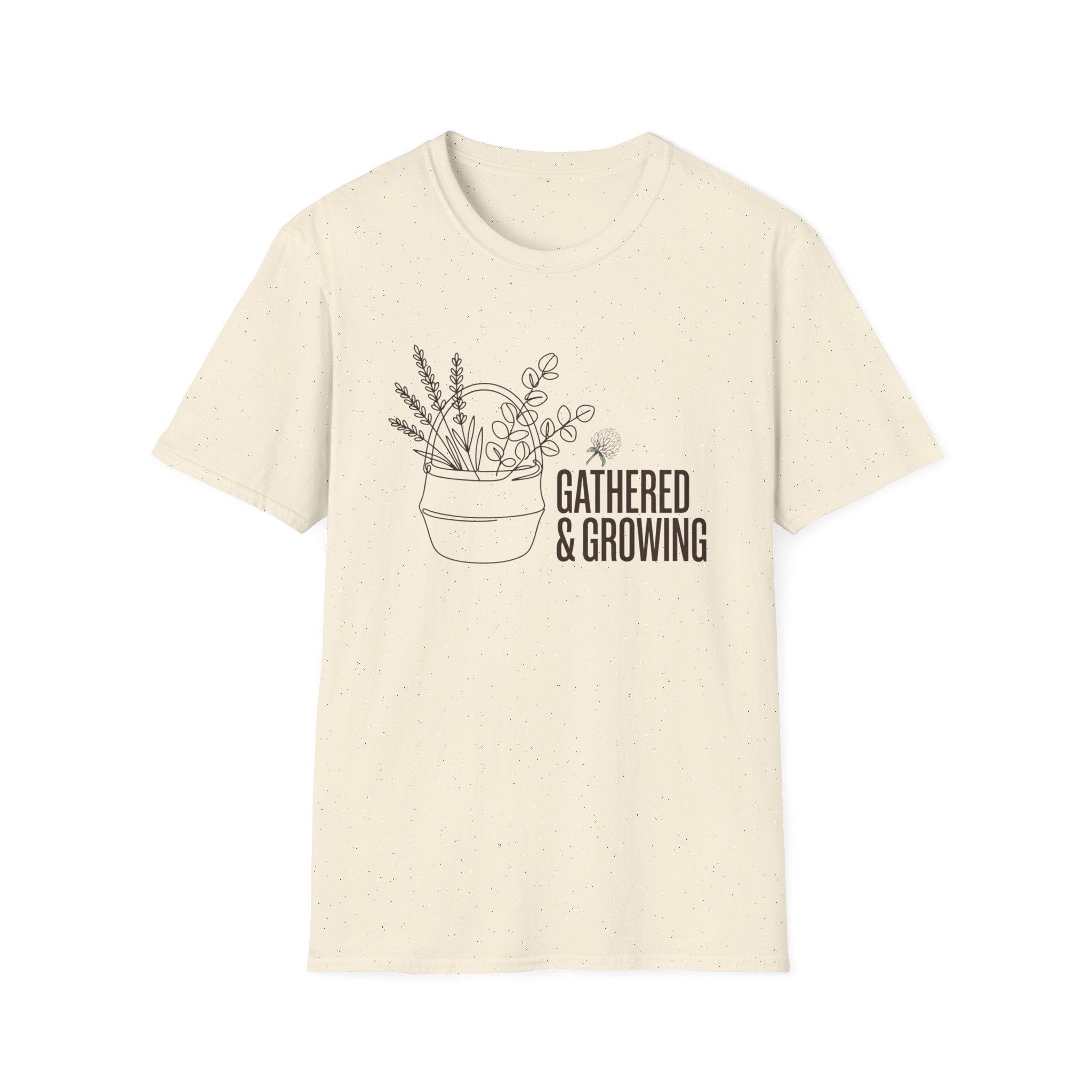 Gathered And Growing homeschool mom graphic t-shirt with a gathered-at-home inspired graphic with books, florals, and cozy family learning details