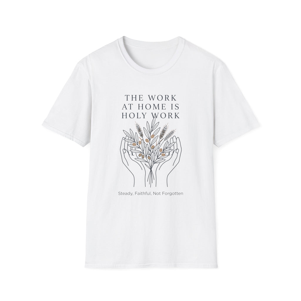 Steady, Faithful, Not Forgotten homeschool mom graphic t-shirt with a faith-filled homeschool design with gentle lettering and classic illustrative details