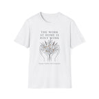 Steady, Faithful, Not Forgotten homeschool mom graphic t-shirt with a faith-filled homeschool design with gentle lettering and classic illustrative details