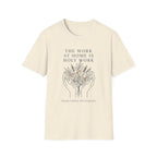 Steady, Faithful, Not Forgotten homeschool mom graphic t-shirt with a faith-filled homeschool design with gentle lettering and classic illustrative details