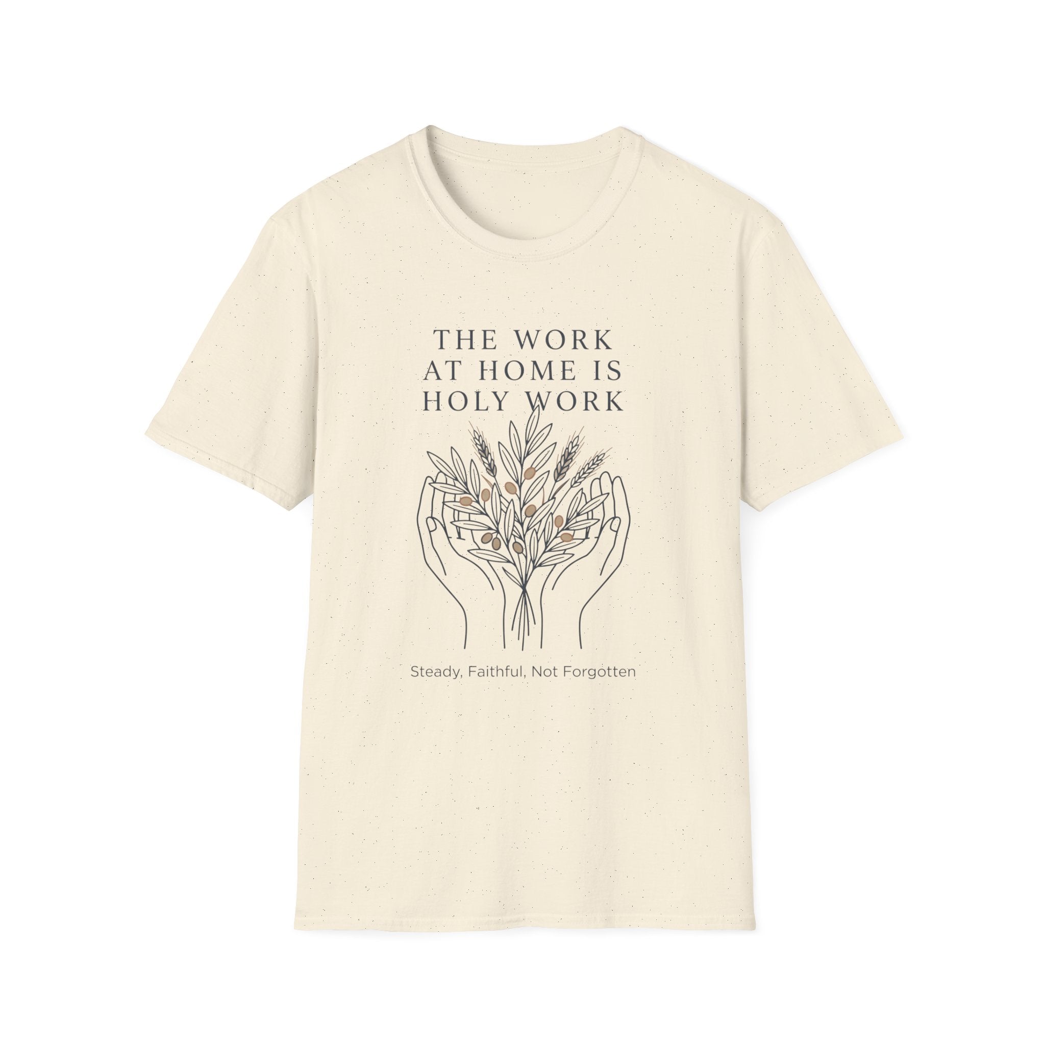 Steady, Faithful, Not Forgotten homeschool mom graphic t-shirt with a faith-filled homeschool design with gentle lettering and classic illustrative details