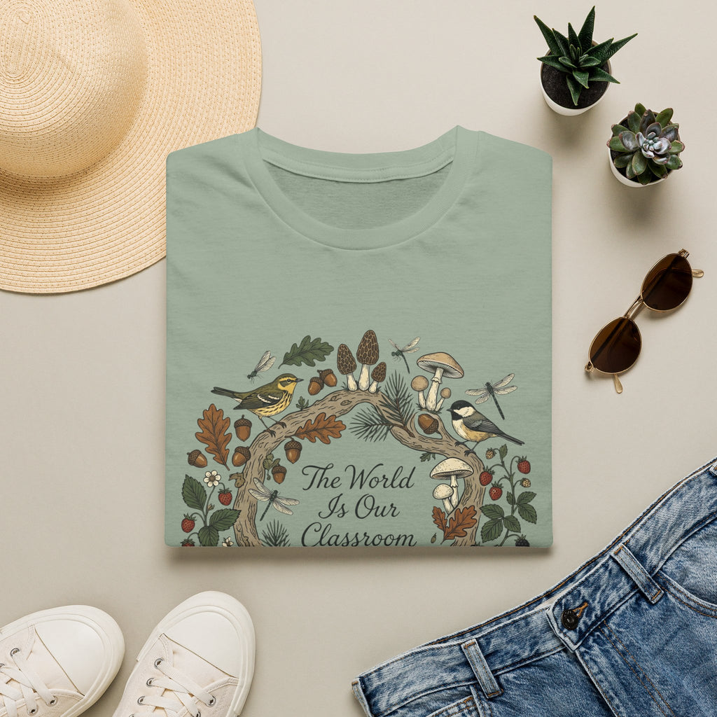 The World Is Our Classroom homeschool mom graphic t-shirt with an adventurous homeschool graphic with nature, books, and outdoor learning energy