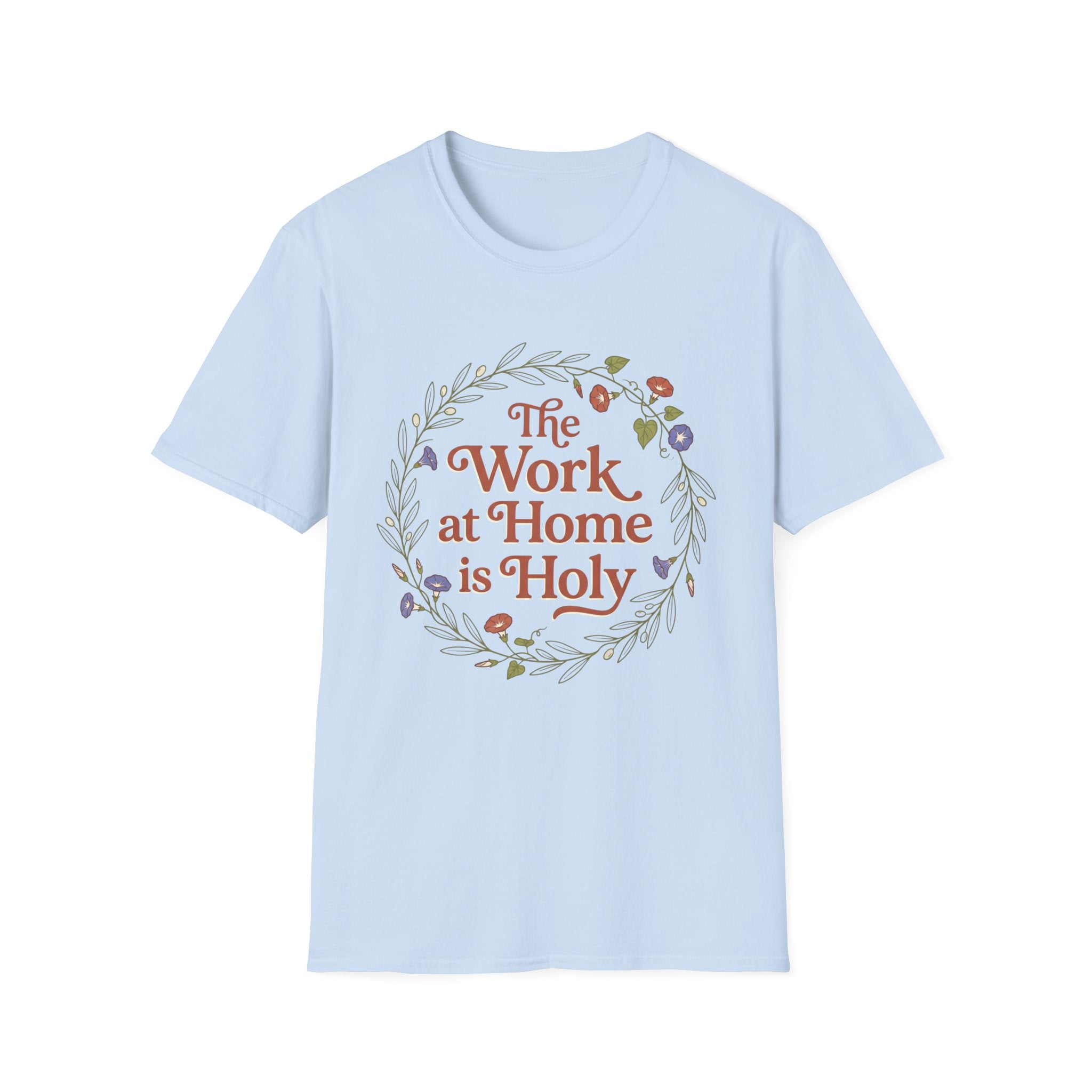 Holy Work homeschool mom graphic t-shirt with a faith-filled homeschool design with gentle lettering and classic illustrative details