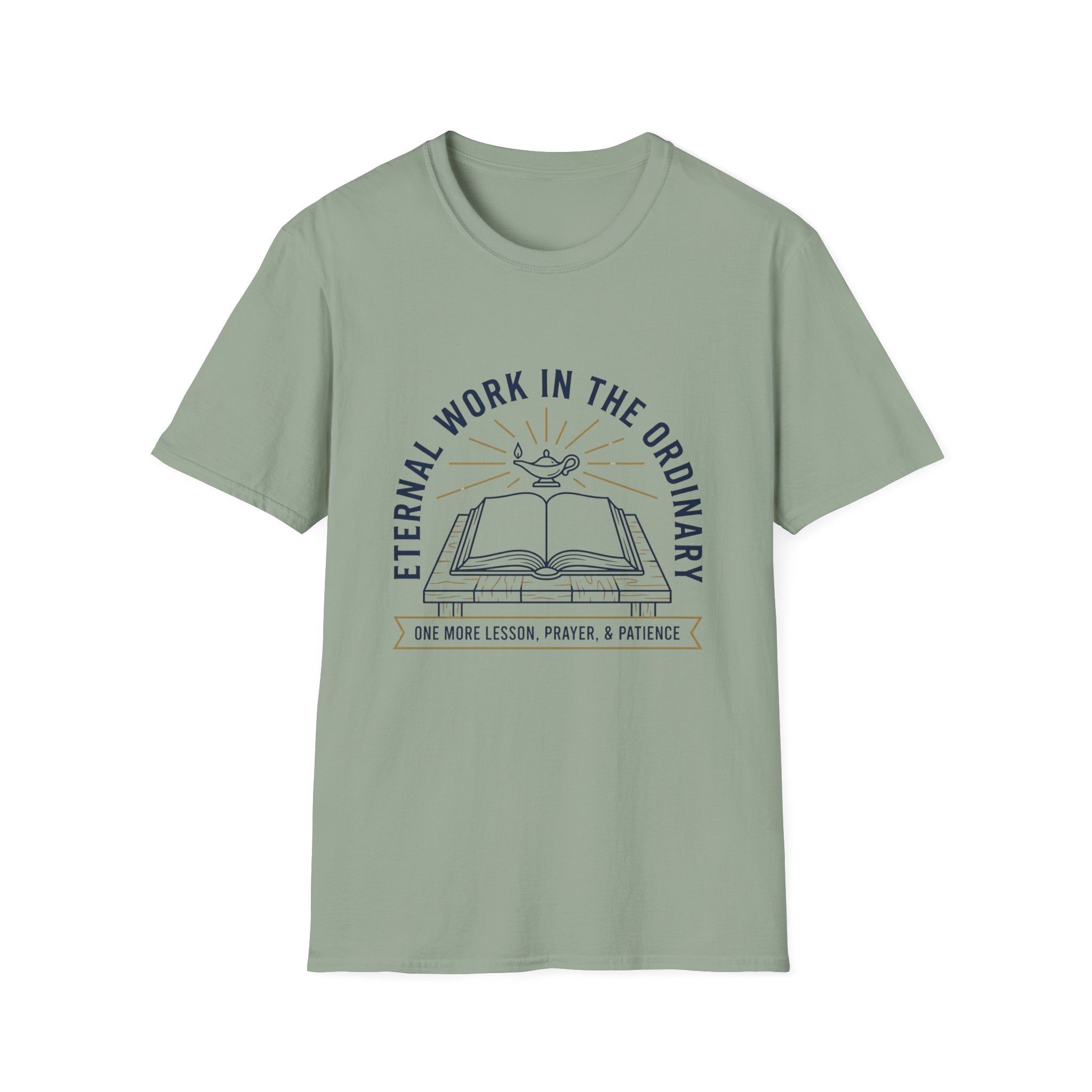Eternal Work In The Ordinary homeschool mom graphic t-shirt with a faith-filled homeschool design with gentle lettering and classic illustrative details
