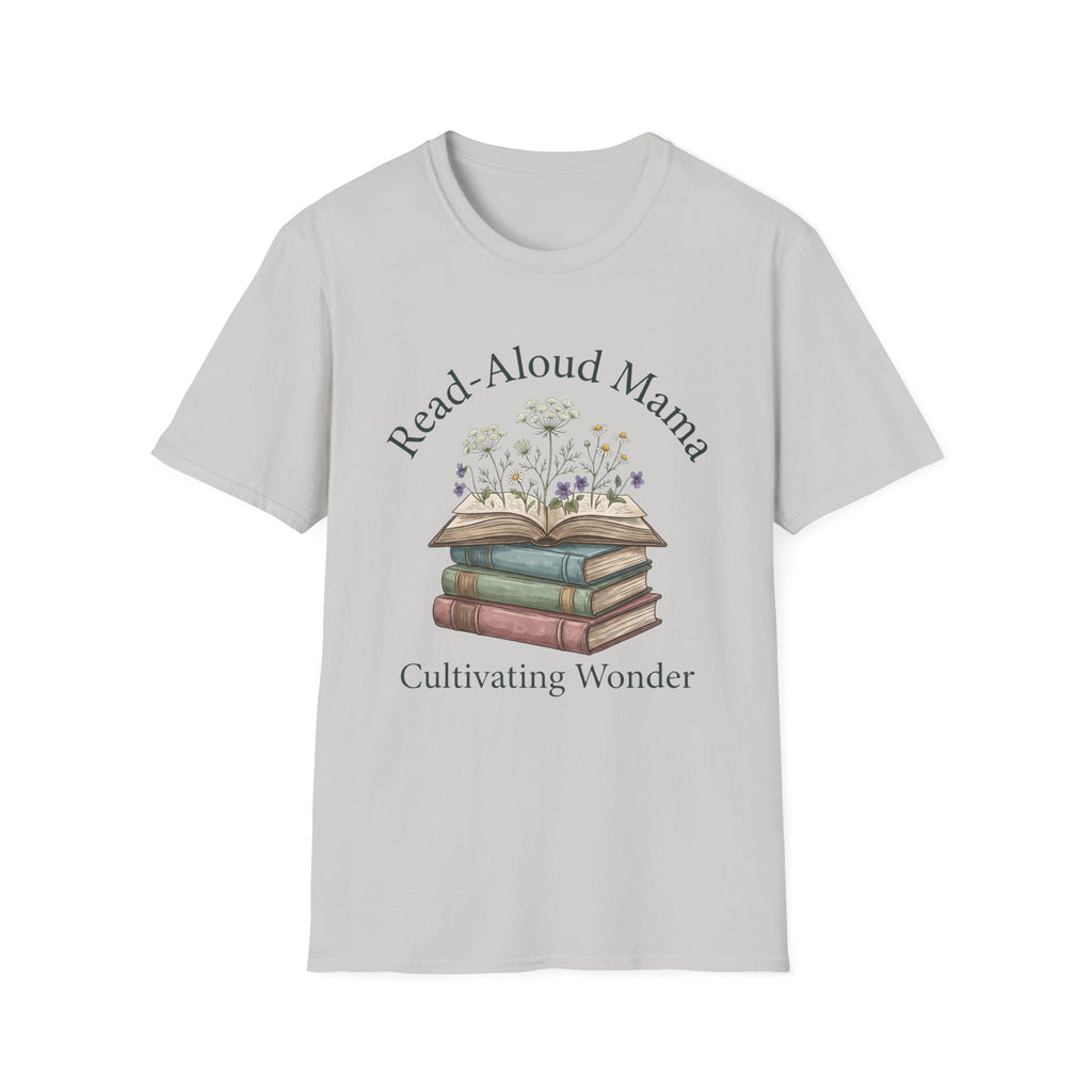 Read Aloud Mama homeschool mom graphic t-shirt with a sweet read-aloud design with stacked books, florals, and gentle homeschool charm